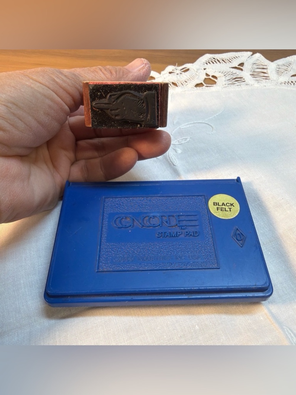 VTG Concorde Rubber Stamp Inking Pad, Letterpress Printing Block “Middle Finger”